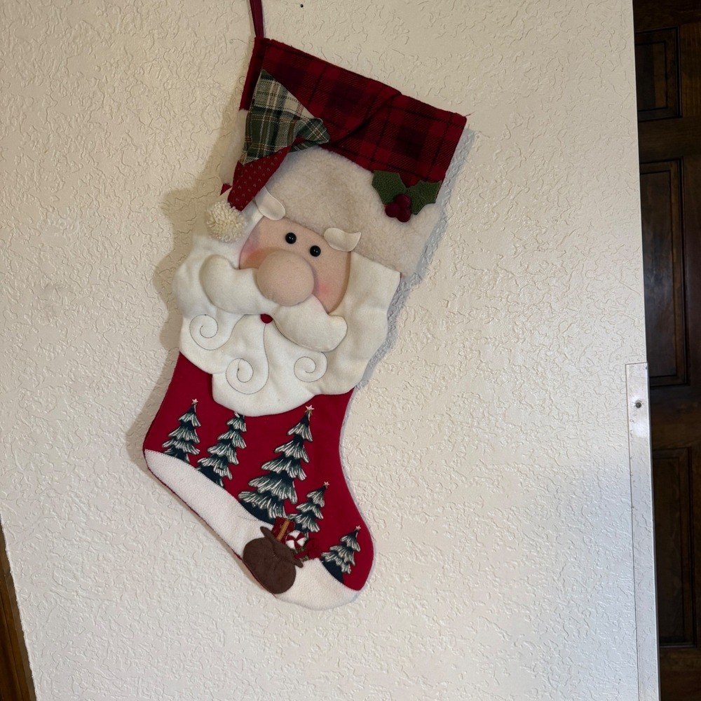 Dan Dee Christmas Stocking Santa Claus 3D Red Plaid Cuff Holiday Decor‎ Vintage